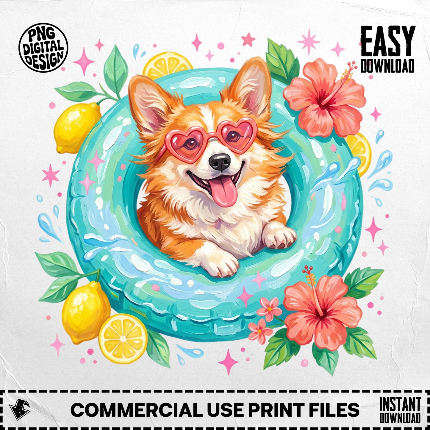 Corgi in a life preserver with sunglasses, lemons, and hibiscus flowers.