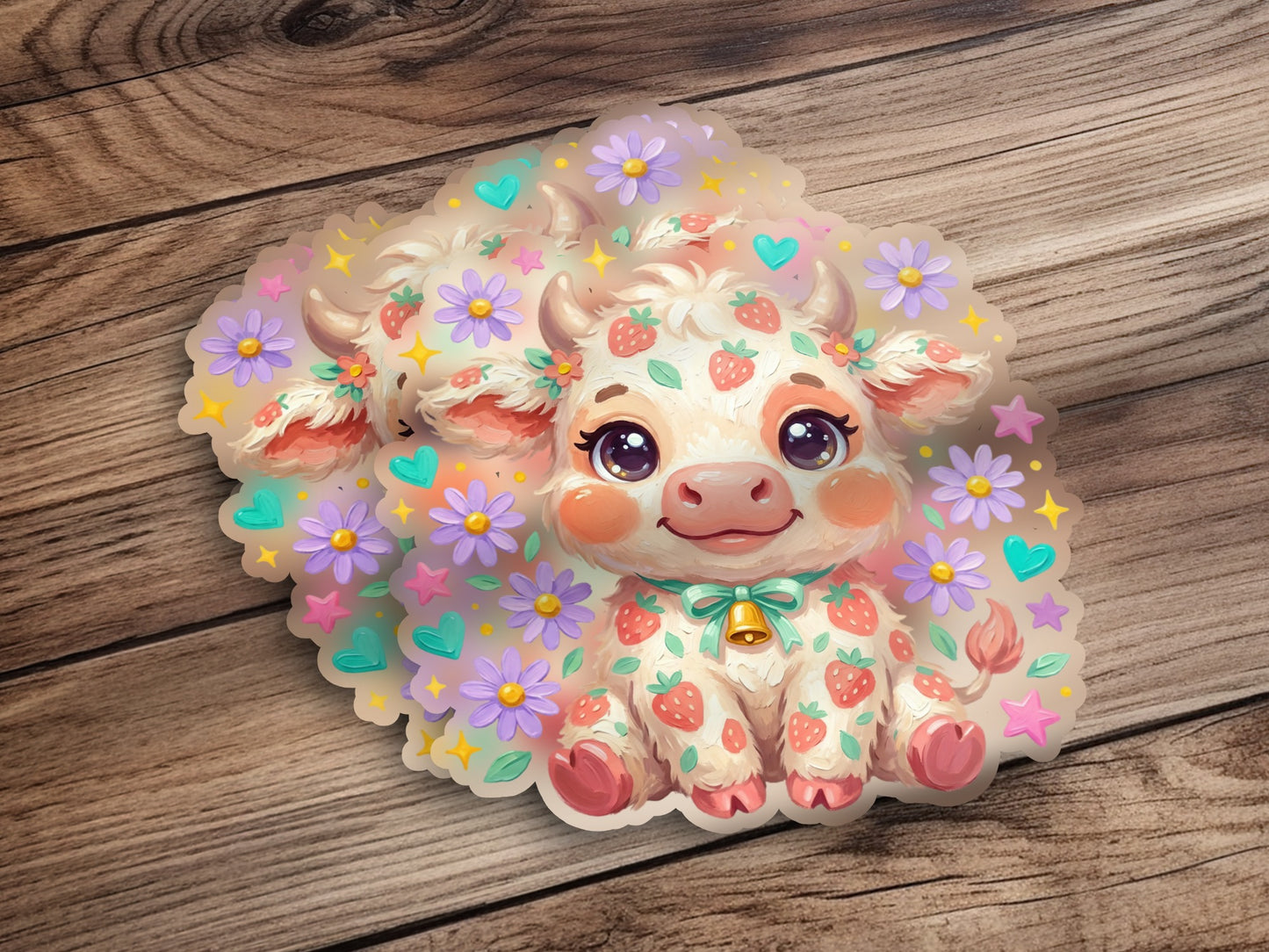 Cute cartoon strawberry cow sticker with flowers and stars.