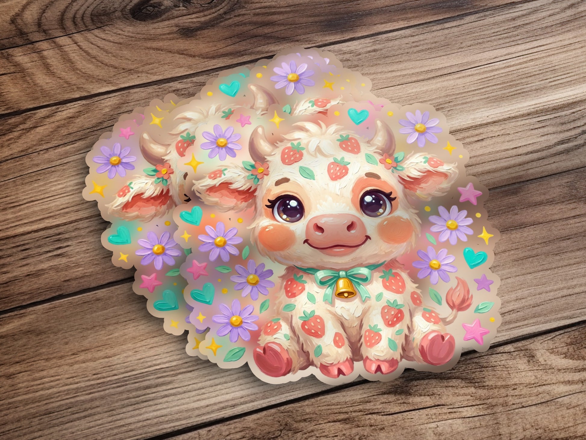 Cute cartoon strawberry cow sticker with flowers and stars.