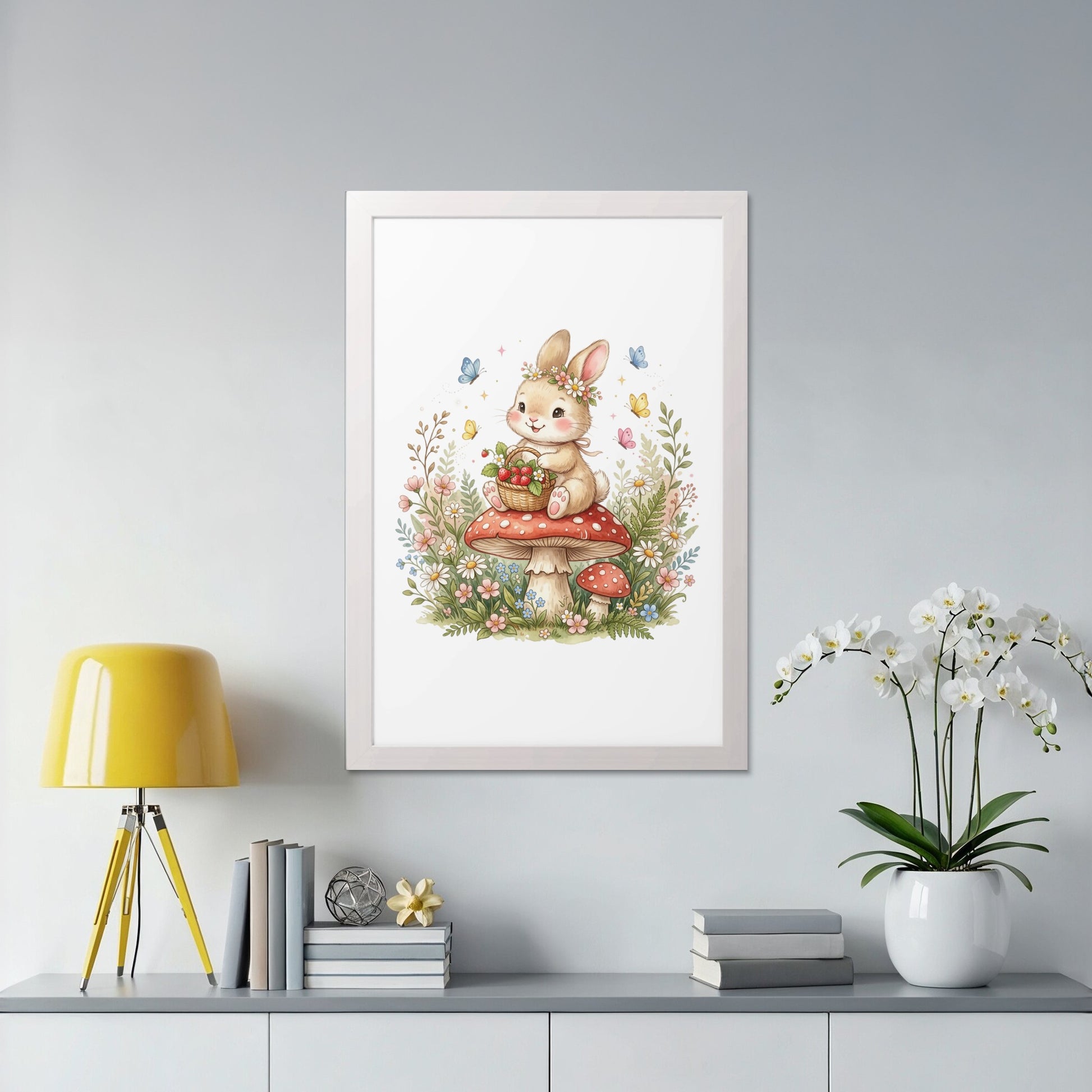 Illustration of a bunny with flowers on a mushroom, surrounded by butterflies and foliage.