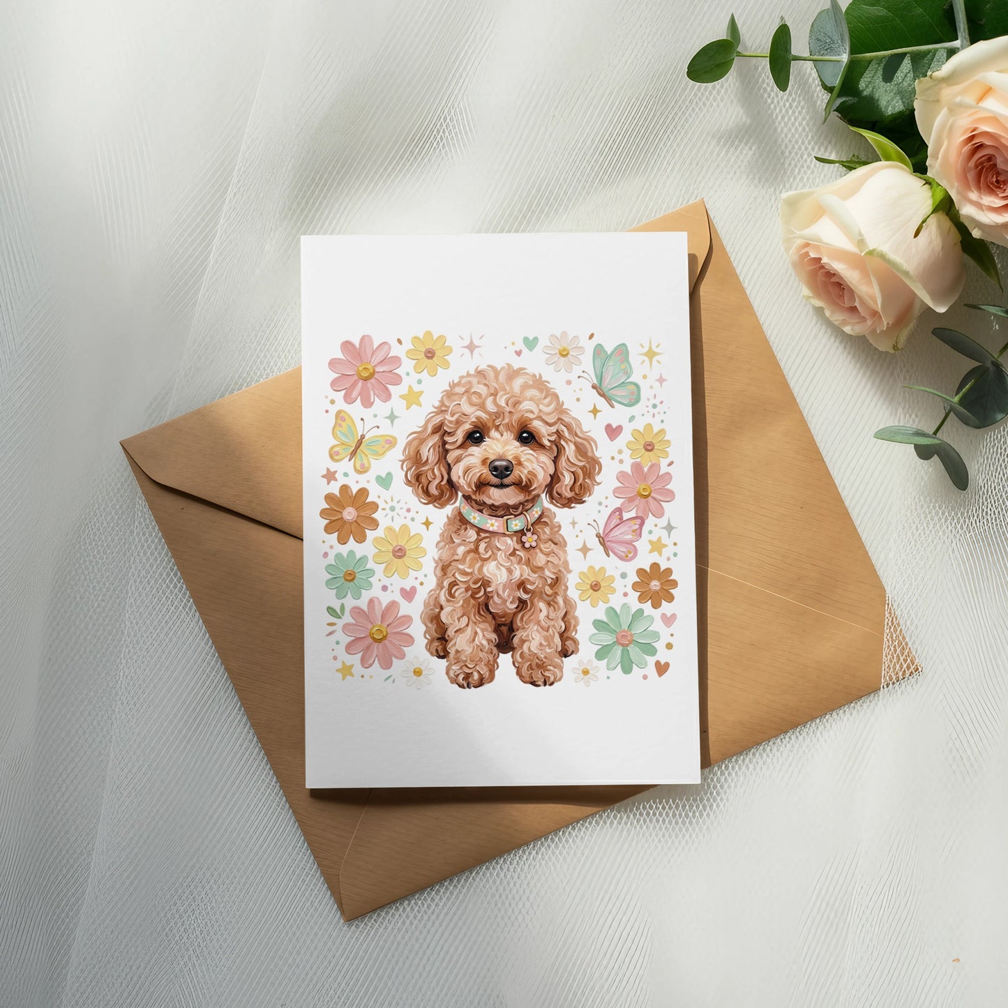 Card featuring a cartoon poodle with flowers and butterflies.
