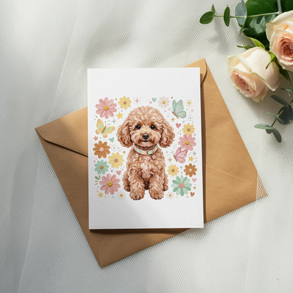 Card featuring a cartoon poodle with flowers and butterflies.