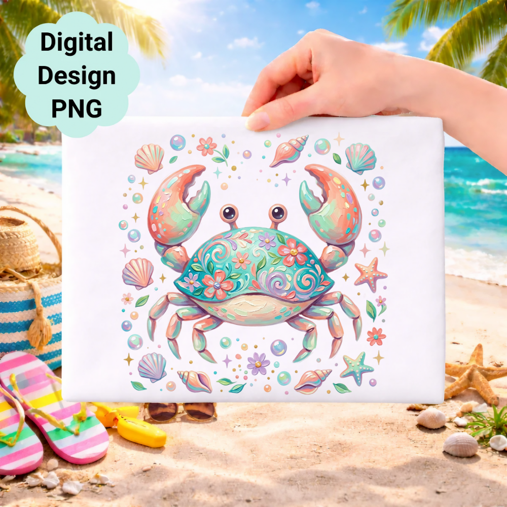 Floral crab illustration with seashells and starfish on a beach background.