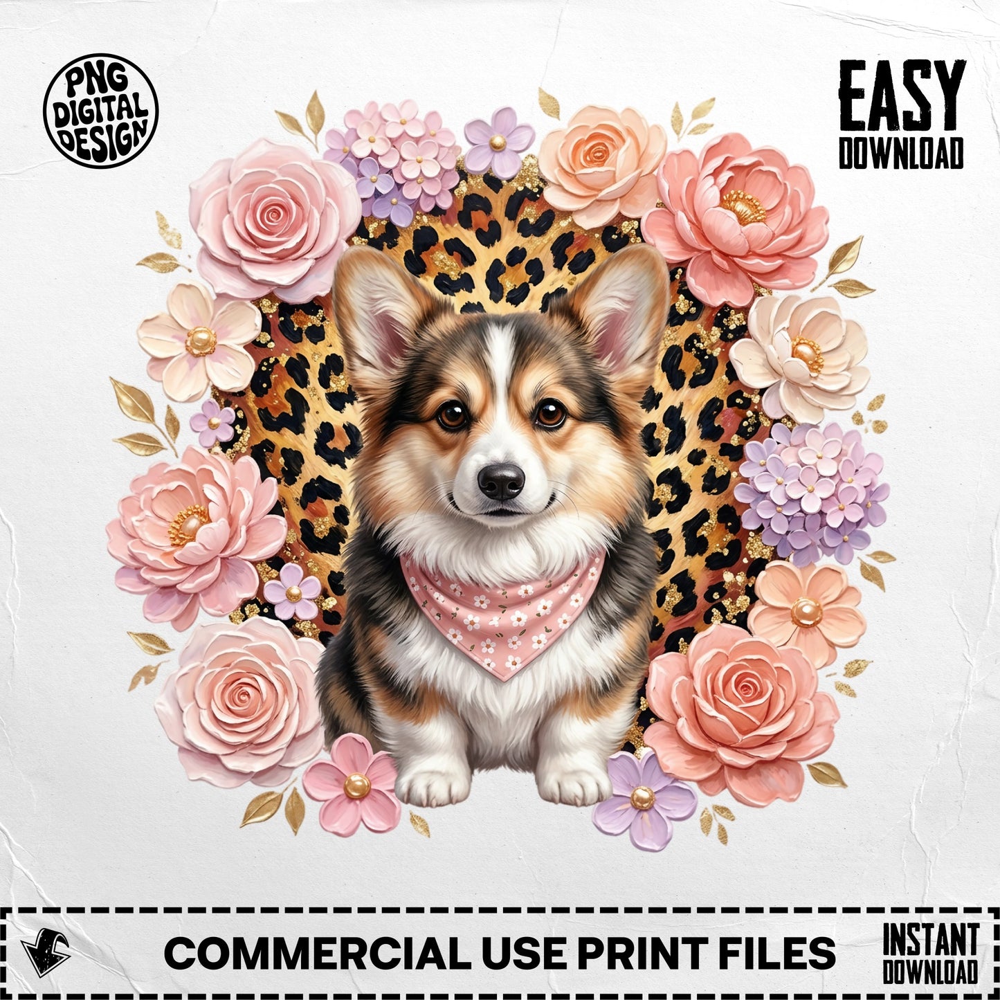 Corgi dog wearing bandana surrounded by flowers and leopard print.