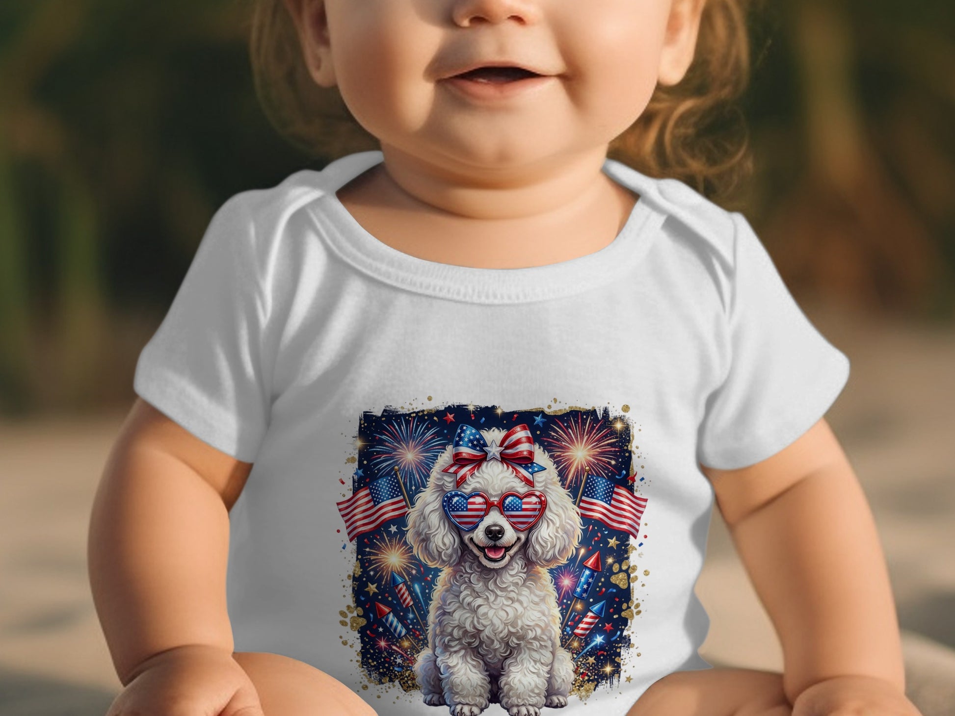 Baby in white onesie with a poodle wearing patriotic sunglasses and fireworks.