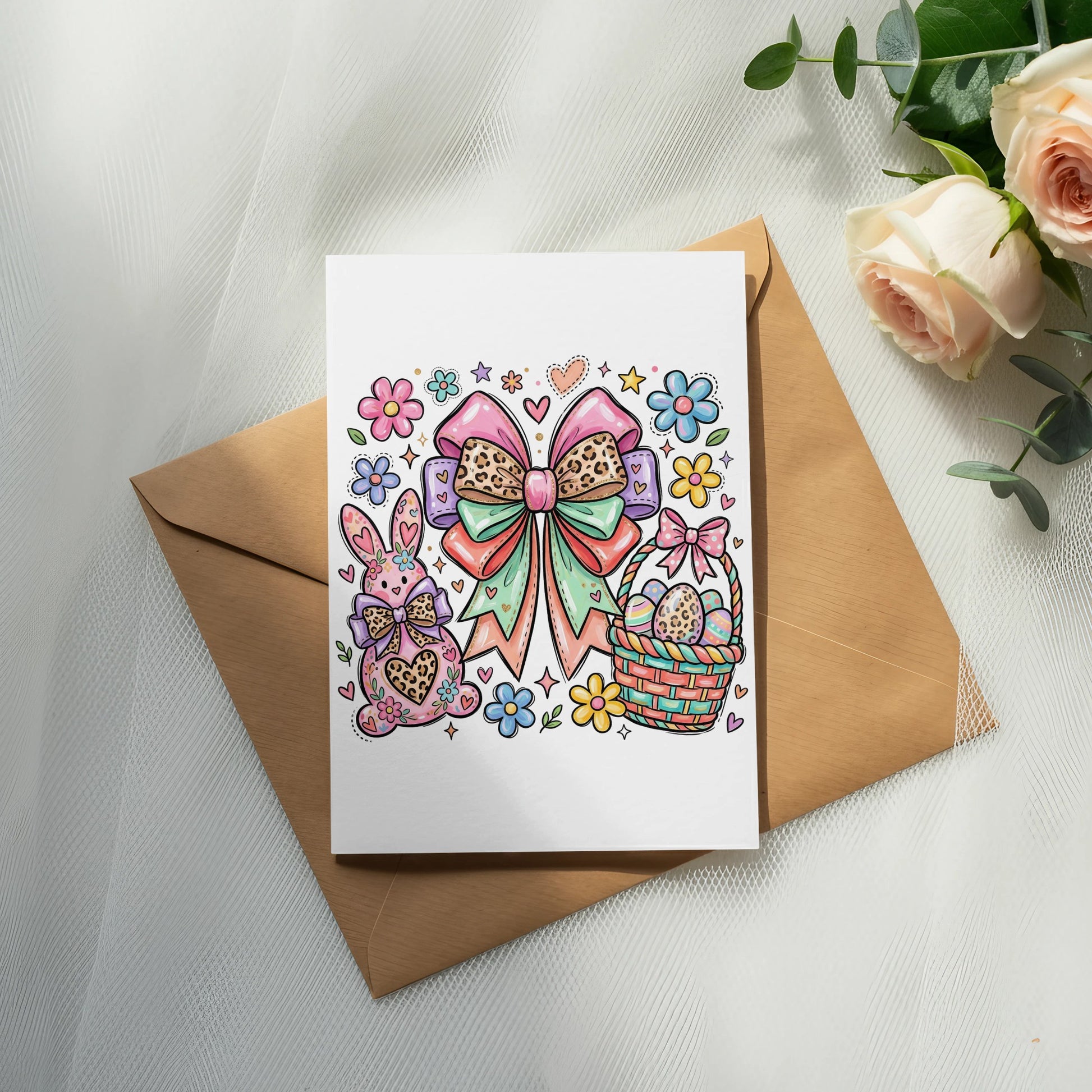 Greeting card with Easter bunny, bow, and basket on brown envelope.