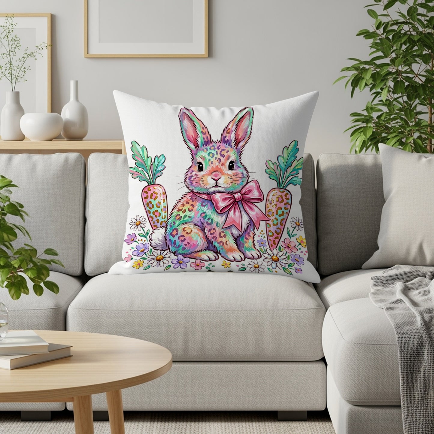Colorful cartoon bunny with pink bow sits on couch with carrots and flowers.