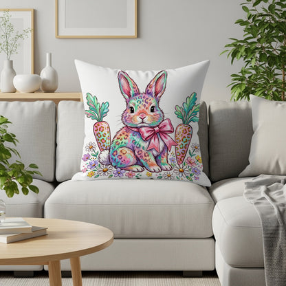 Colorful cartoon bunny with pink bow sits on couch with carrots and flowers.