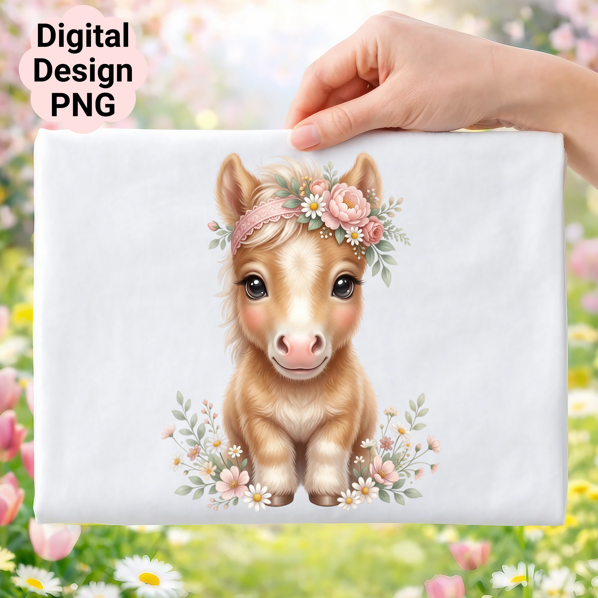 Pony with flower crown on a white background with blurred floral background.
