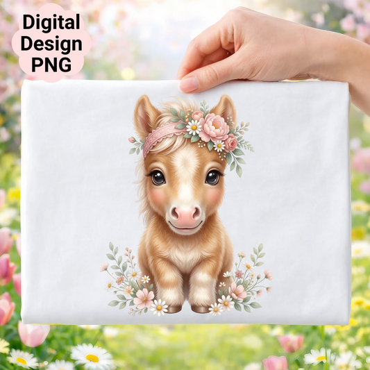 Pony with flower crown on a white background with blurred floral background.