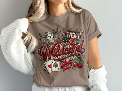 Wildcard graphic tee with skull, dice, cherries, and playing cards.