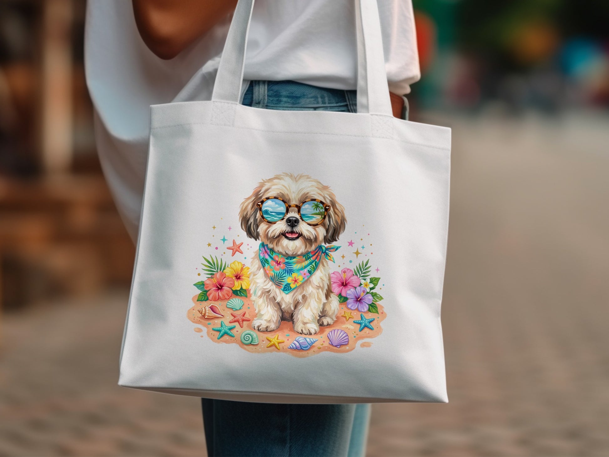 Shih Tzu dog with sunglasses and bandana on a beach.