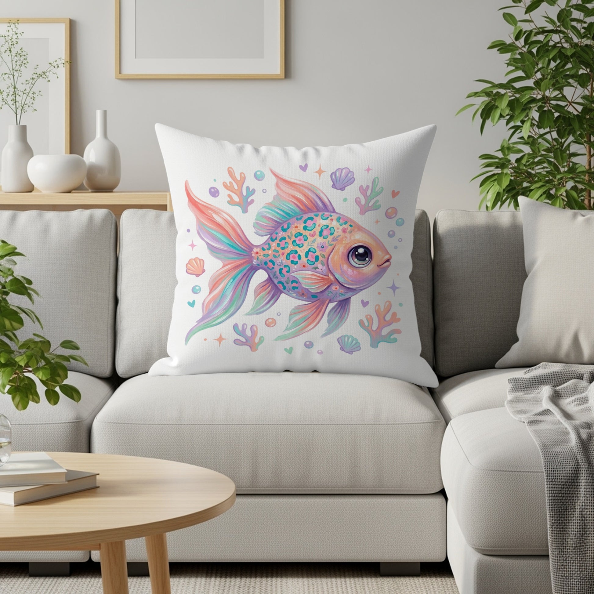 Decorative pillow with a colorful, stylized fish and seashells.