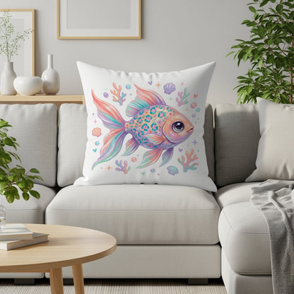 Decorative pillow with a colorful, stylized fish and seashells.