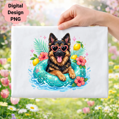 German Shepherd in a pool float with sunglasses, lemons, and hibiscus flowers.