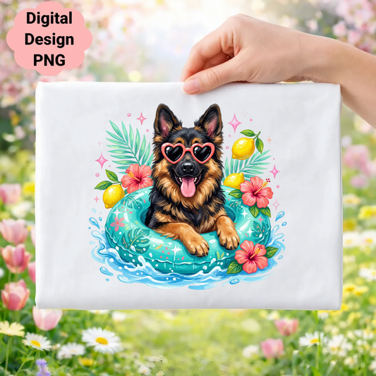 German Shepherd in a pool float with sunglasses, lemons, and hibiscus flowers.