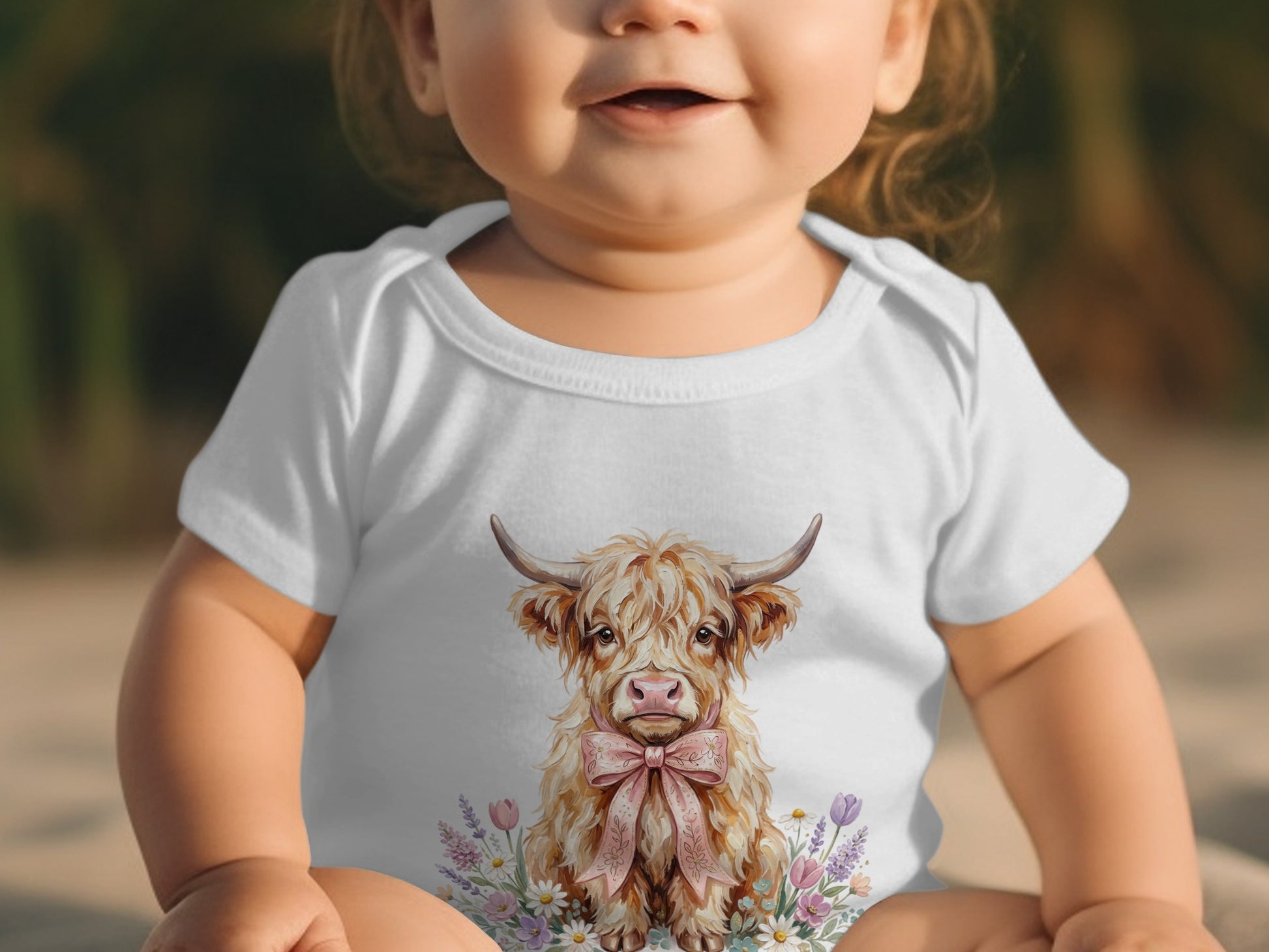 Baby in white onesie with Highland cow graphic and pink bow.