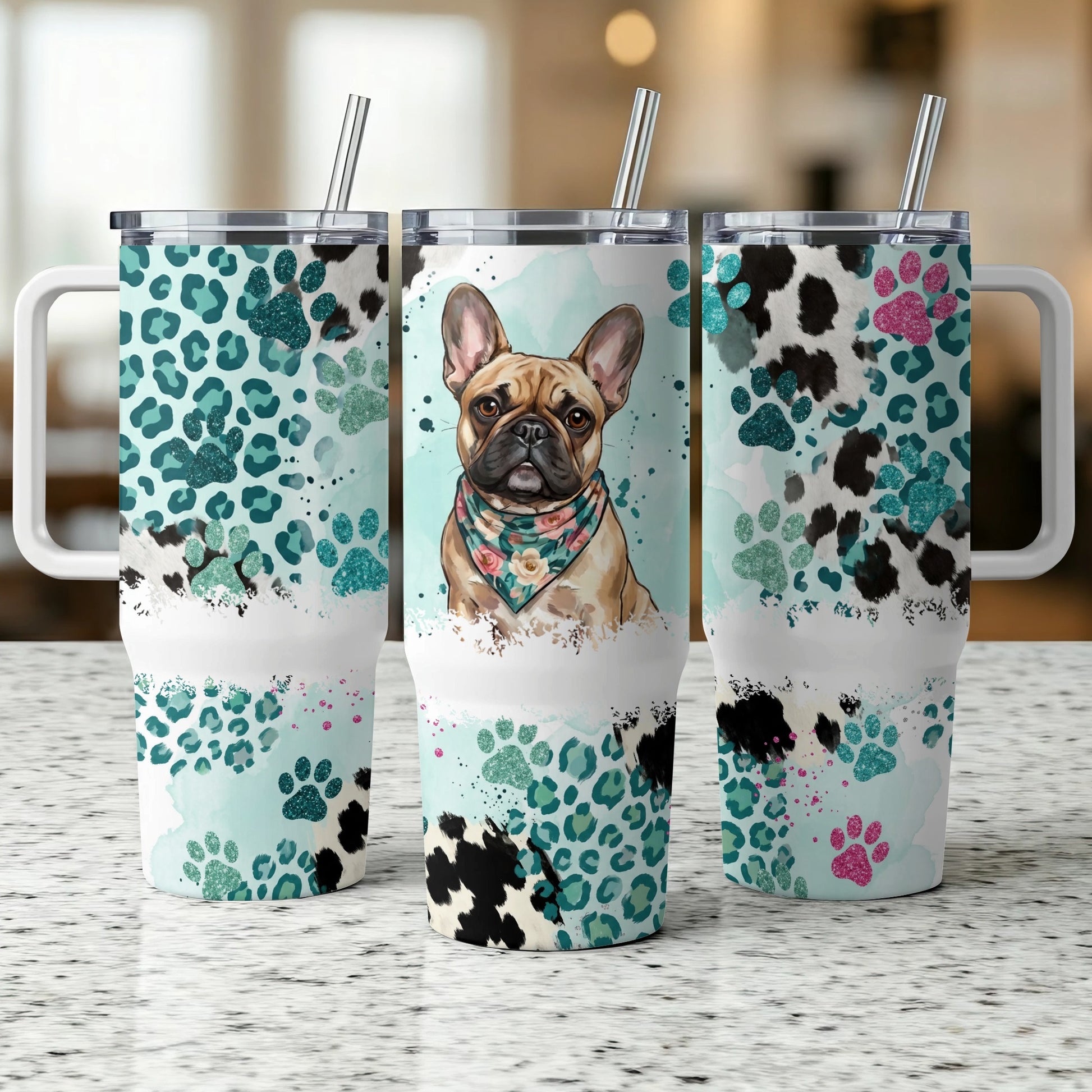 French bulldog wearing a bandana on a patterned tumbler with paw prints.
