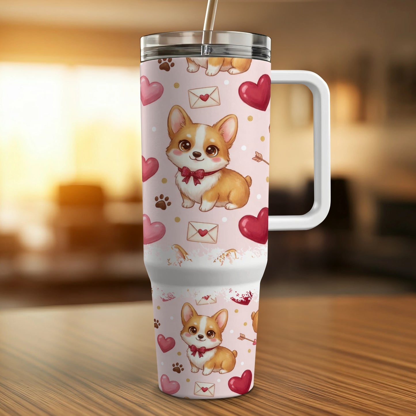 Pink tumbler with corgi and heart pattern, and straw.