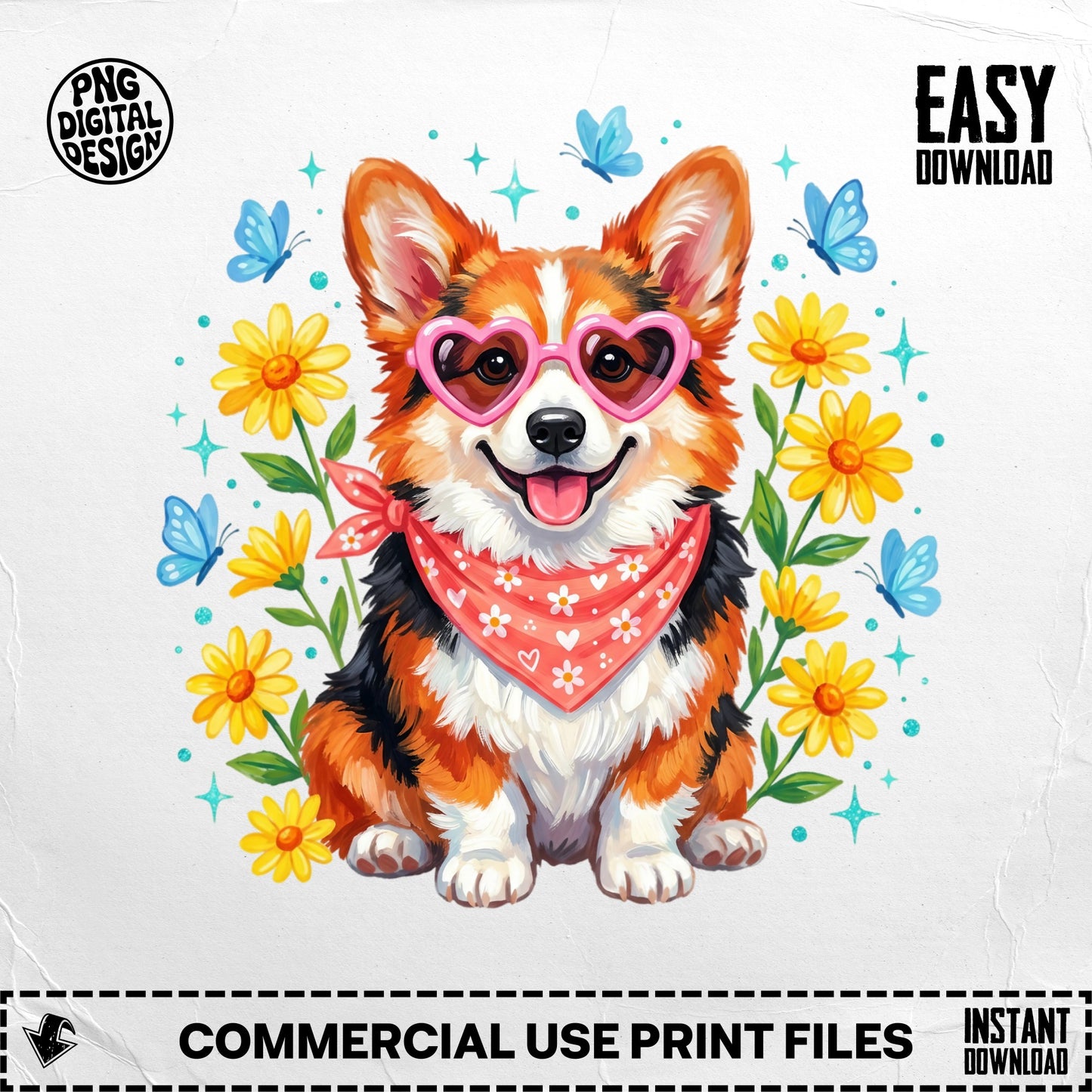 Smiling corgi with heart sunglasses and bandana, surrounded by flowers and butterflies.