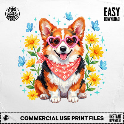 Smiling corgi with heart sunglasses and bandana, surrounded by flowers and butterflies.