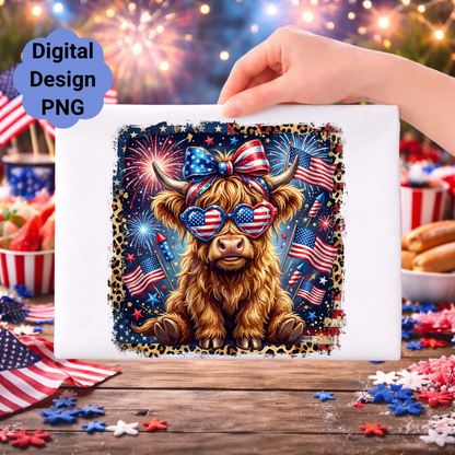 Cow wearing heart-shaped sunglasses with American flag pattern.