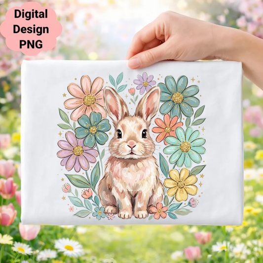 Fawn bunny surrounded by pastel flowers and leaves.