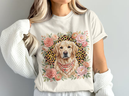 Golden retriever with floral border and bandana on cream t-shirt.
