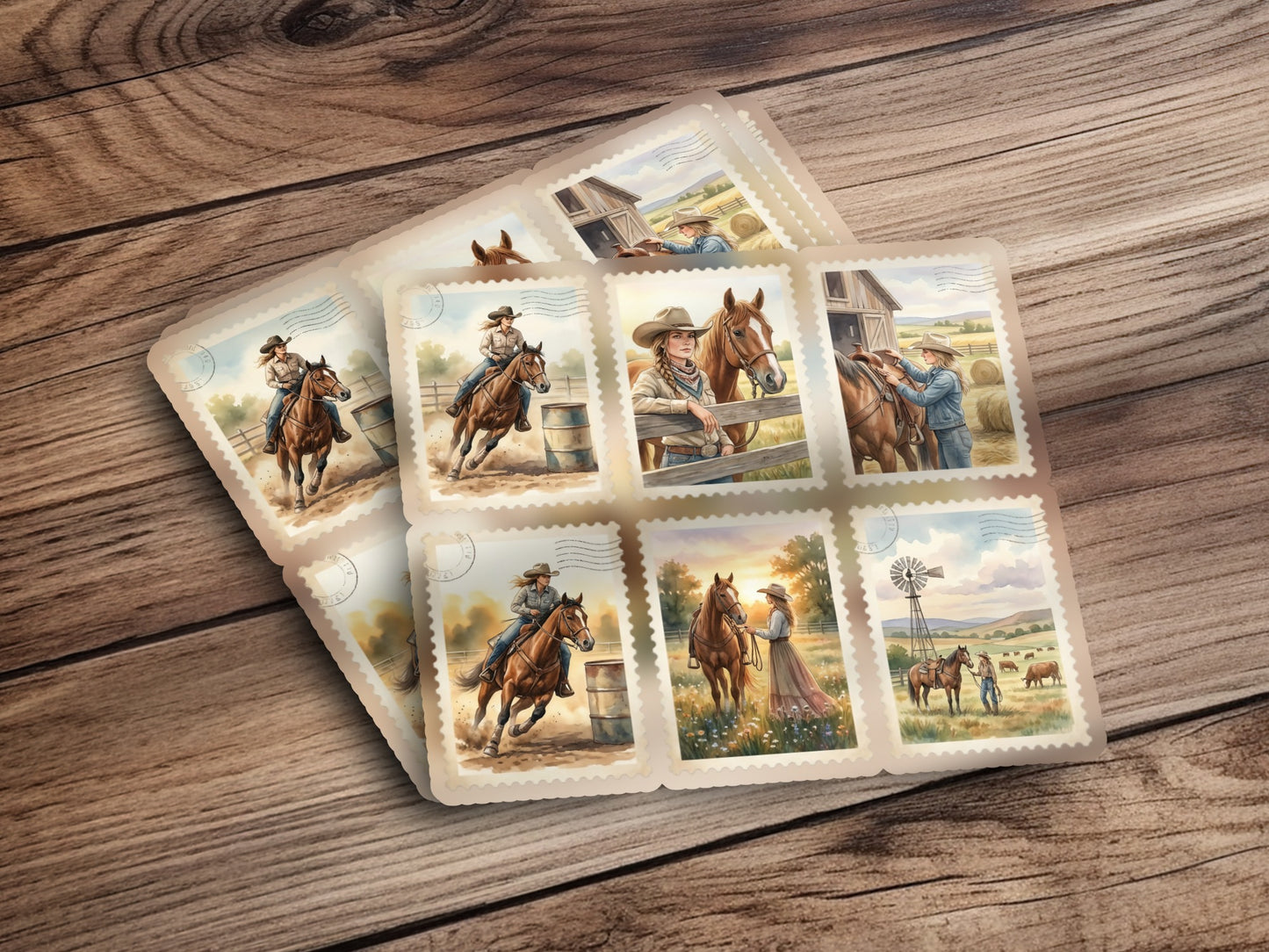 Several postage stamps depicting horses and cowboys in rural scenes.