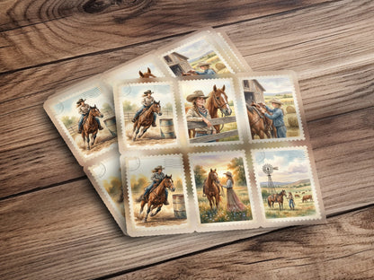 Several postage stamps depicting horses and cowboys in rural scenes.