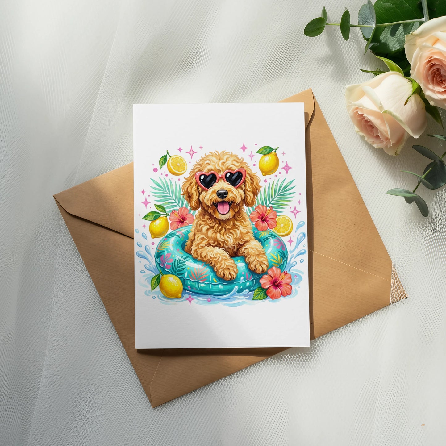 Goldendoodle wearing heart sunglasses floats in a pool on a brown envelope.
