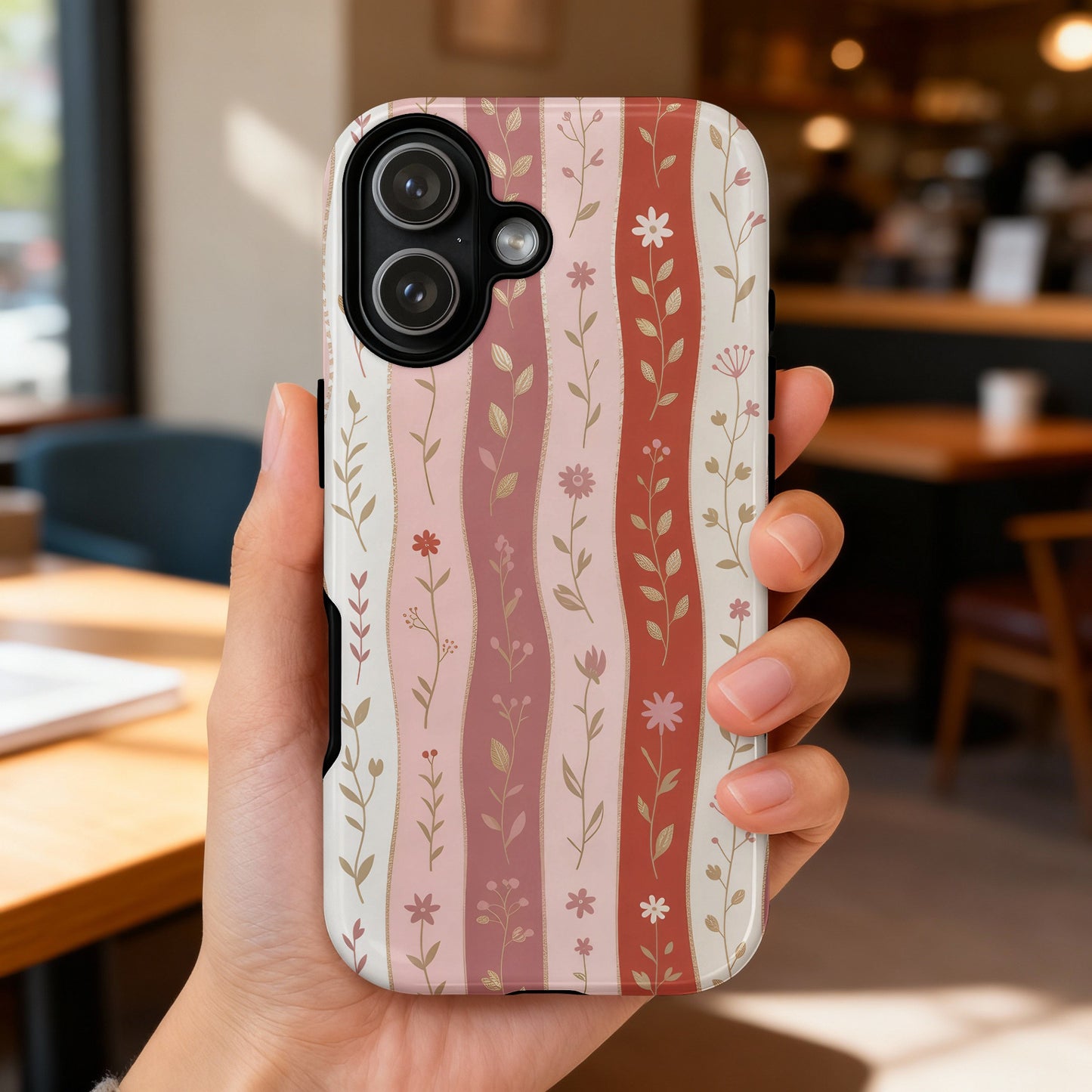 Phone case with pink and gold floral wavy stripe pattern.