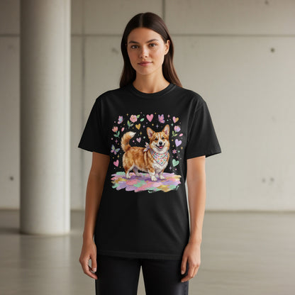 Black t-shirt with a corgi wearing a bandana, surrounded by hearts and flowers.
