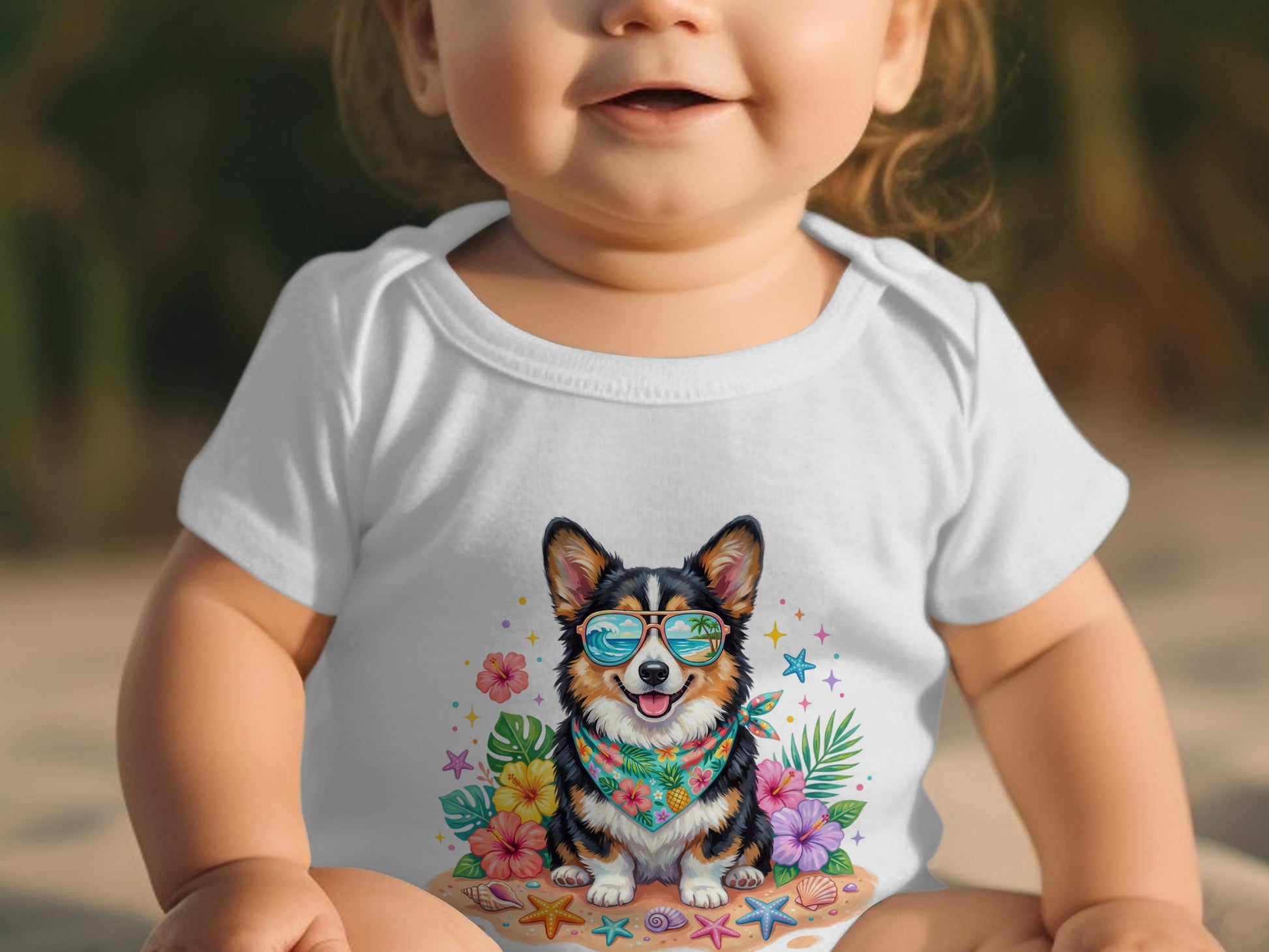 Baby wearing a white onesie with a Corgi wearing sunglasses.