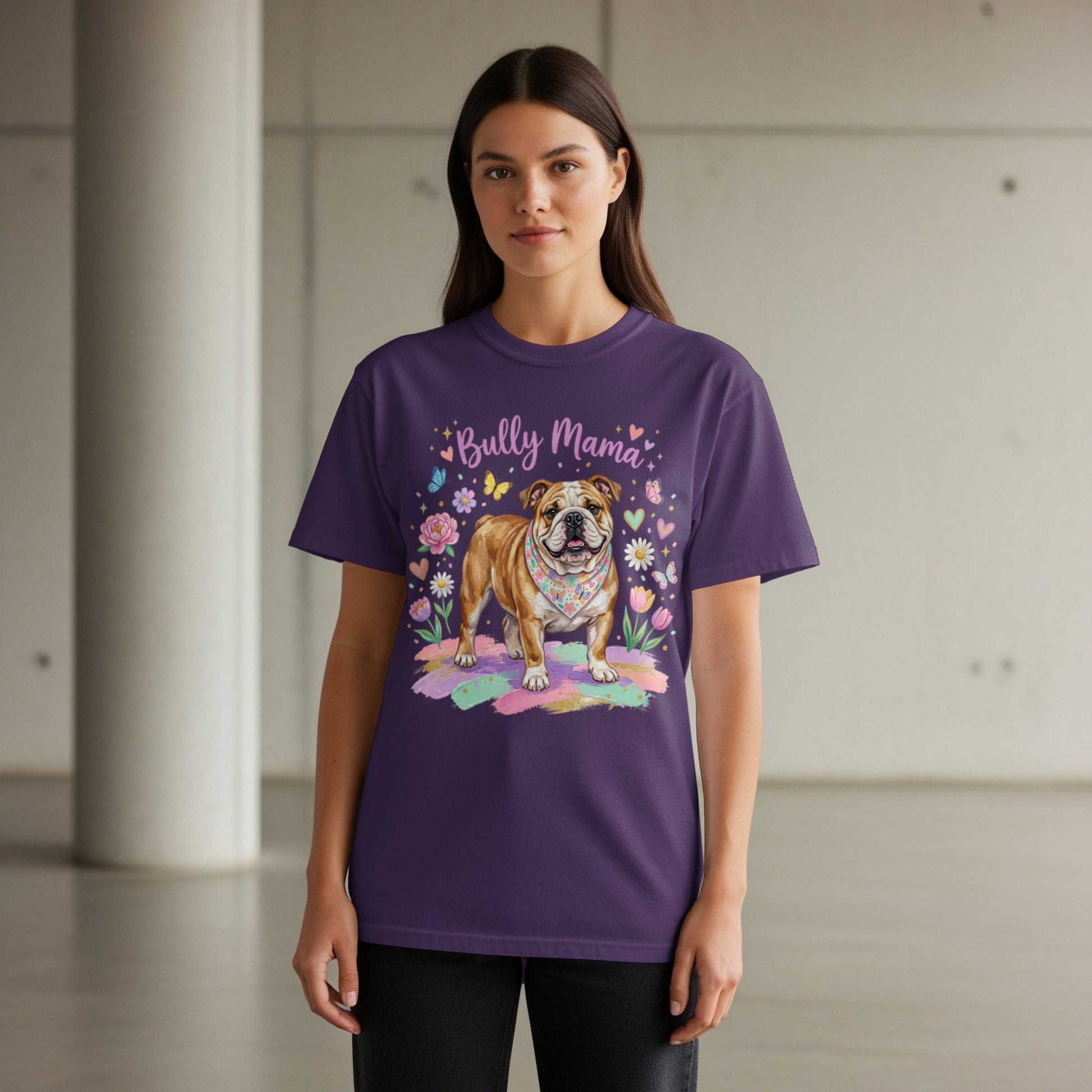 Bulldog wearing a bandana, with text "Bully Mama" and floral accents.