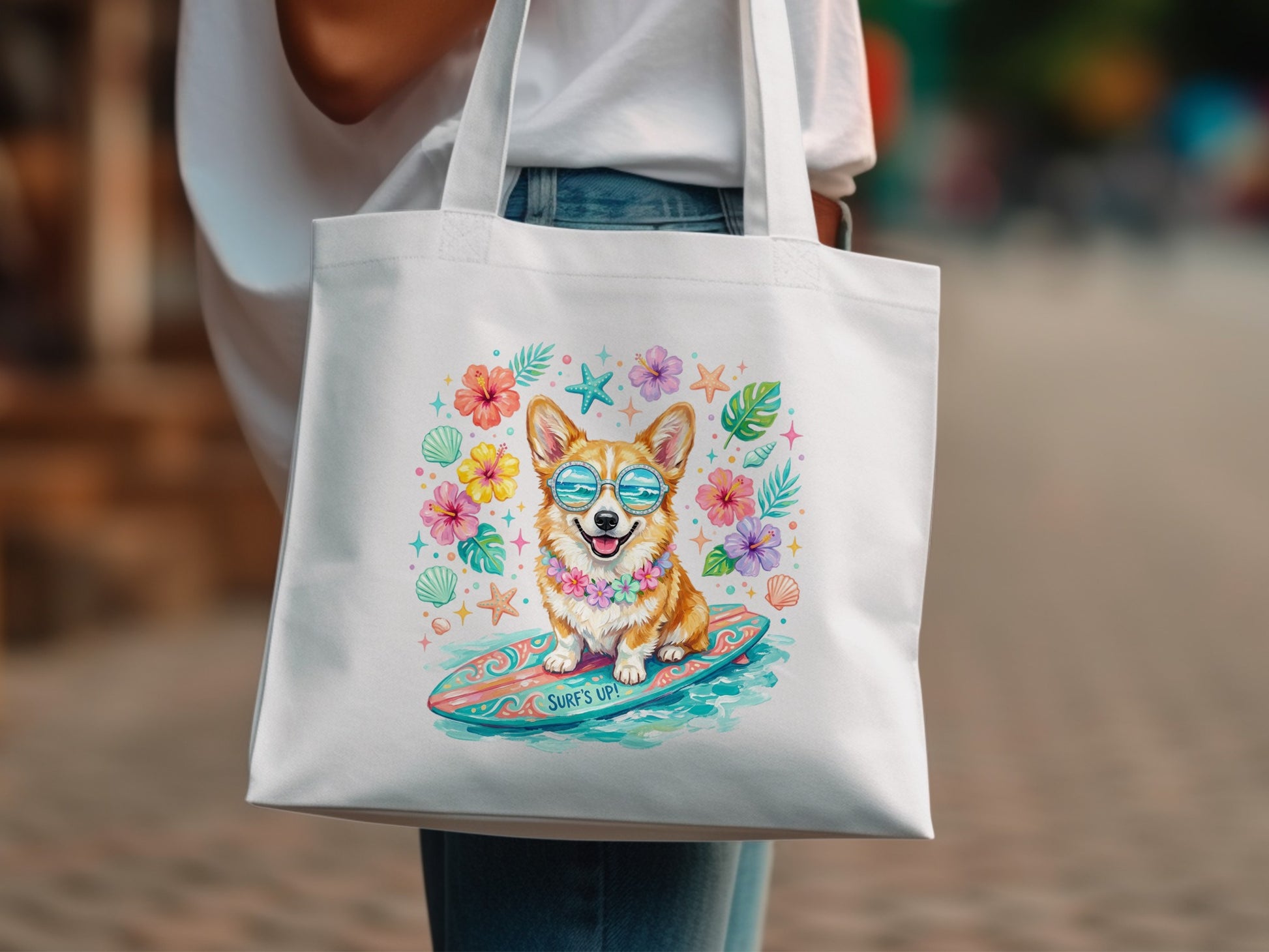 Corgi on a surfboard with flowers and "Surf's Up!" text.