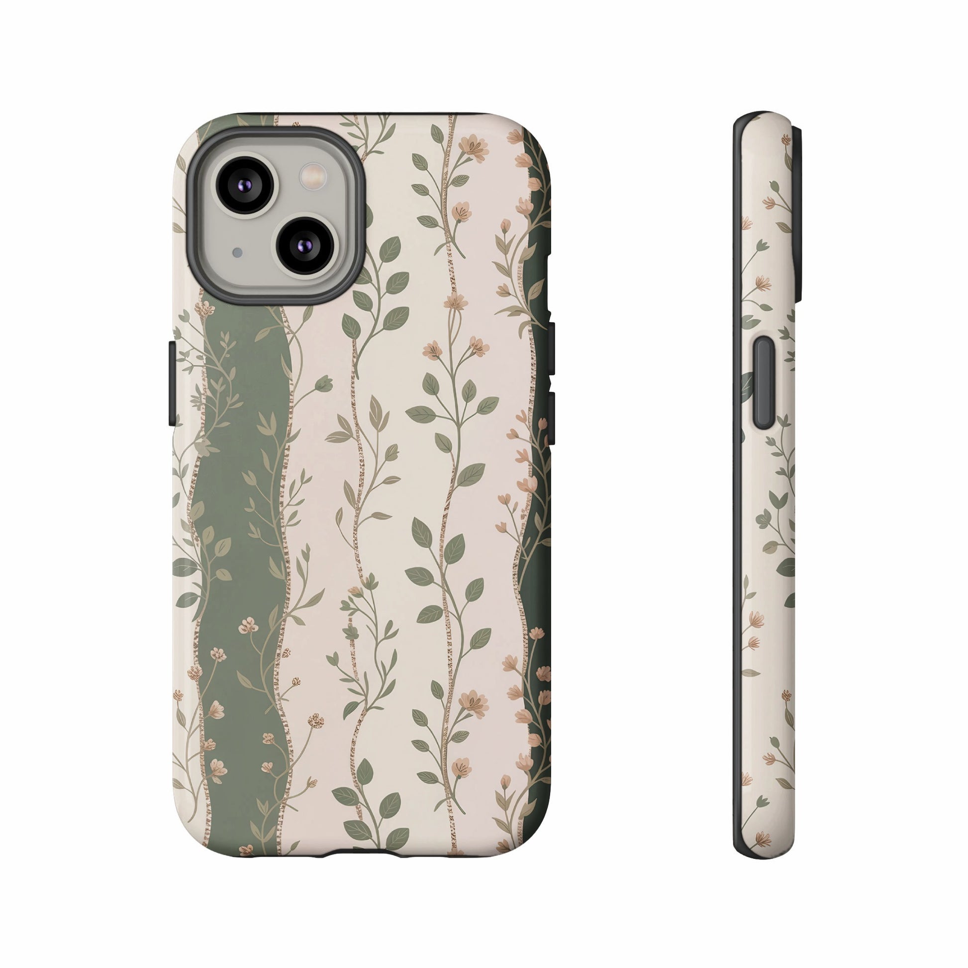 Phone case with a delicate floral vine pattern on a pale background.