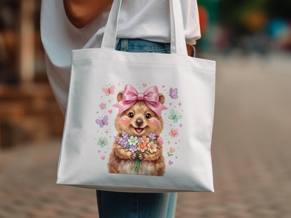 Cute hamster wearing pink bow holding flowers with butterflies.