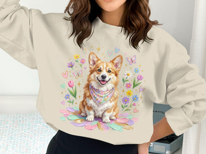 Corgi wearing a bandana on a pastel flower bed.