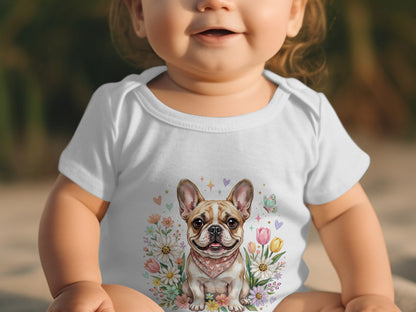 Baby in white onesie with French bulldog and floral graphic.
