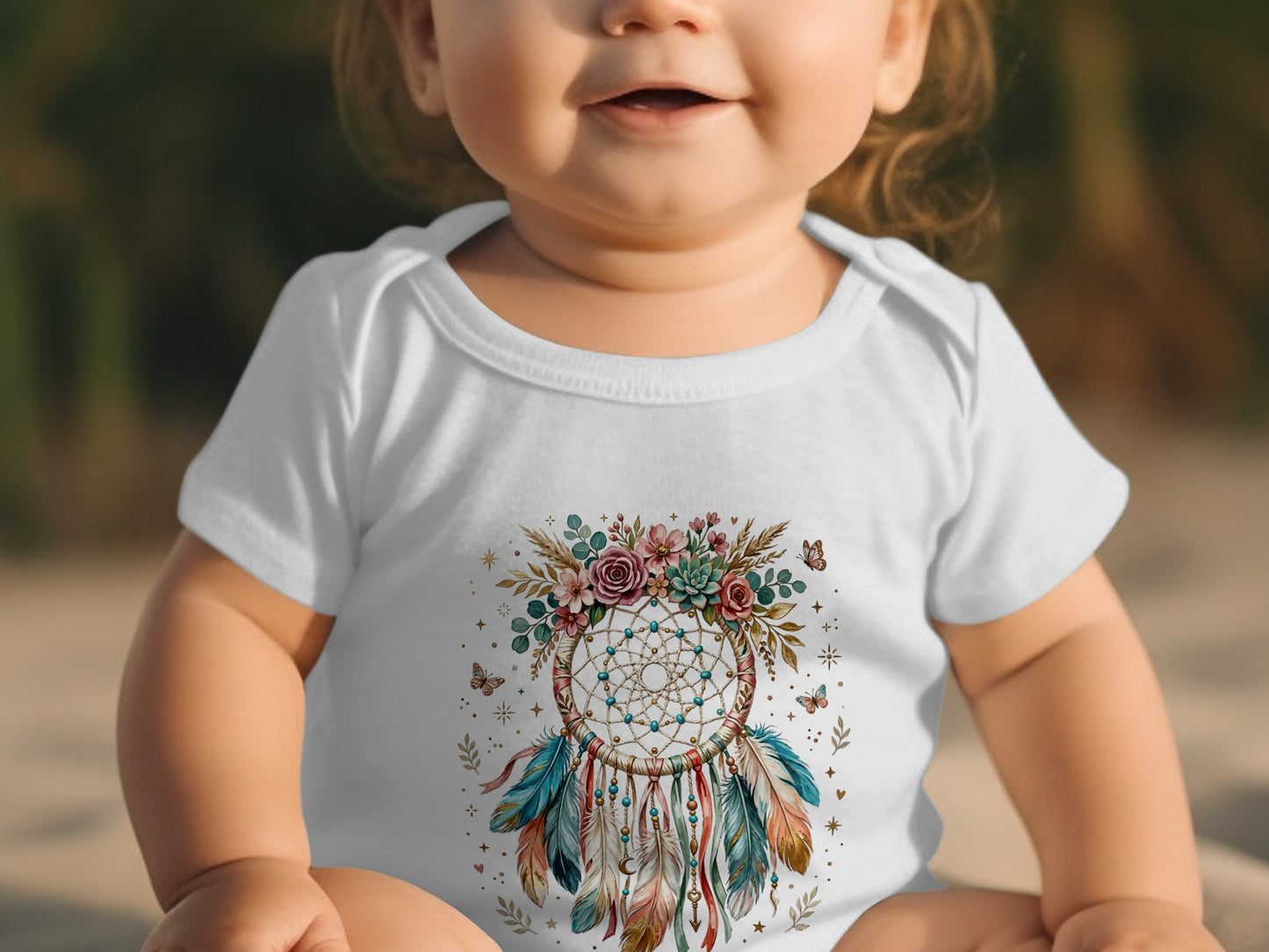 Baby in white onesie with dreamcatcher floral graphic.
