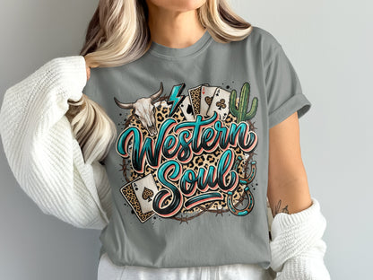Grey t-shirt with "Western Soul" text, skull, cards, cactus, and horseshoe.