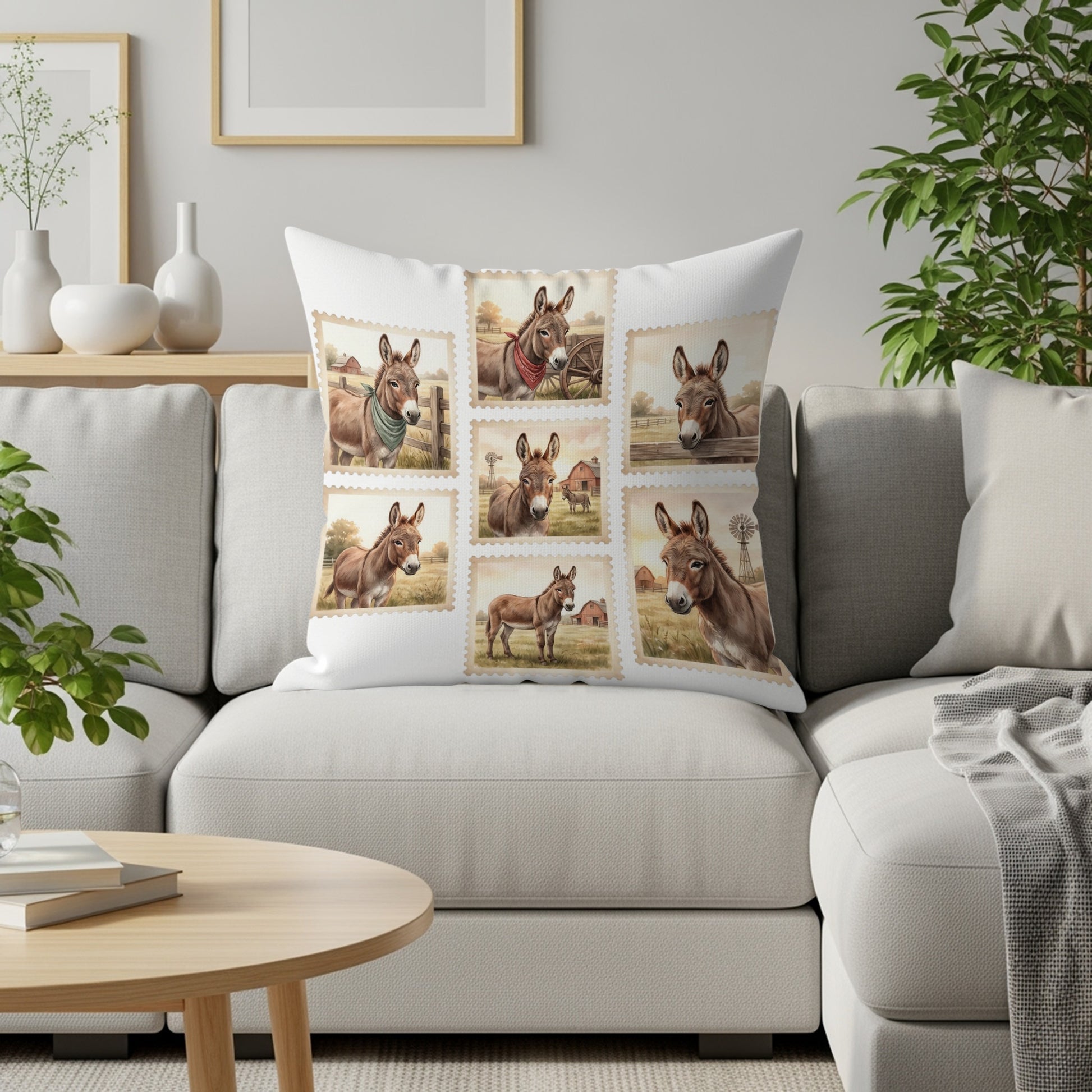 Collage of nine donkey portraits on a decorative throw pillow.