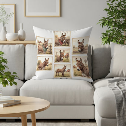 Collage of nine donkey portraits on a decorative throw pillow.