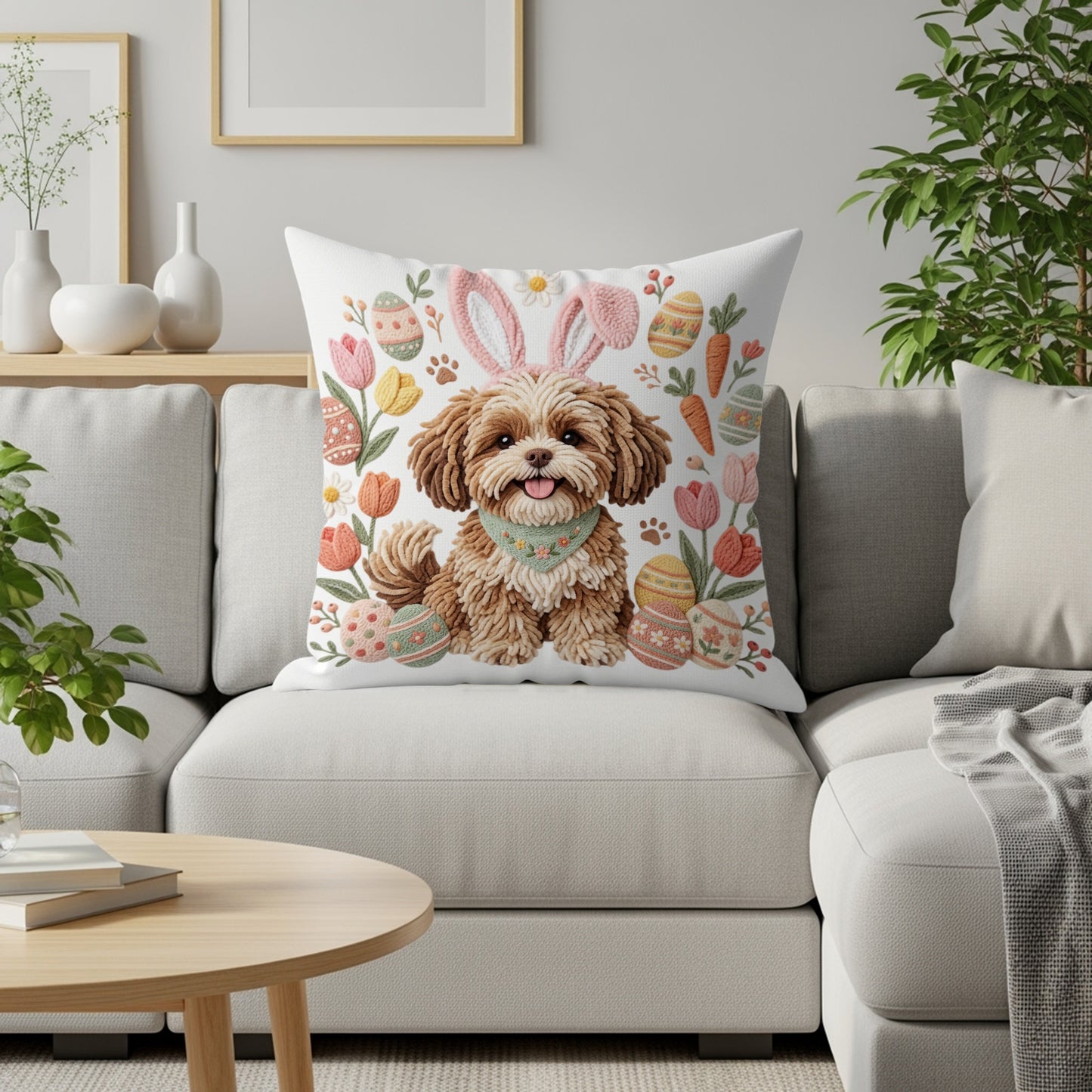 Fluffy dog wearing bunny ears on pillow with Easter eggs and flowers.