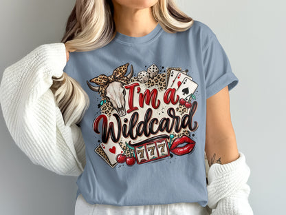 T-shirt graphic with "I'm a Wildcard" text, skull, cherries, dice, and slot machine.