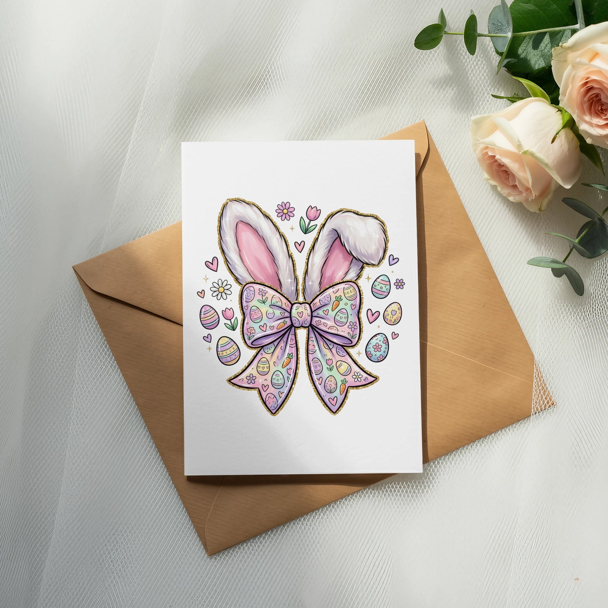 Easter card with bunny ears, bow, and colorful eggs on kraft envelope.