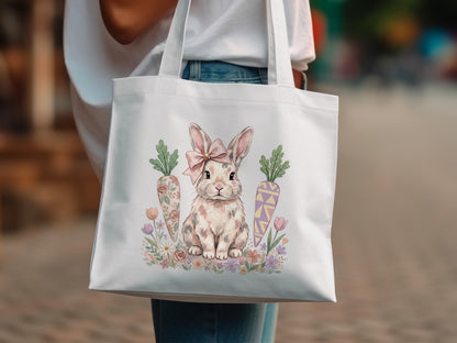 White tote bag with watercolor bunny and carrots design.