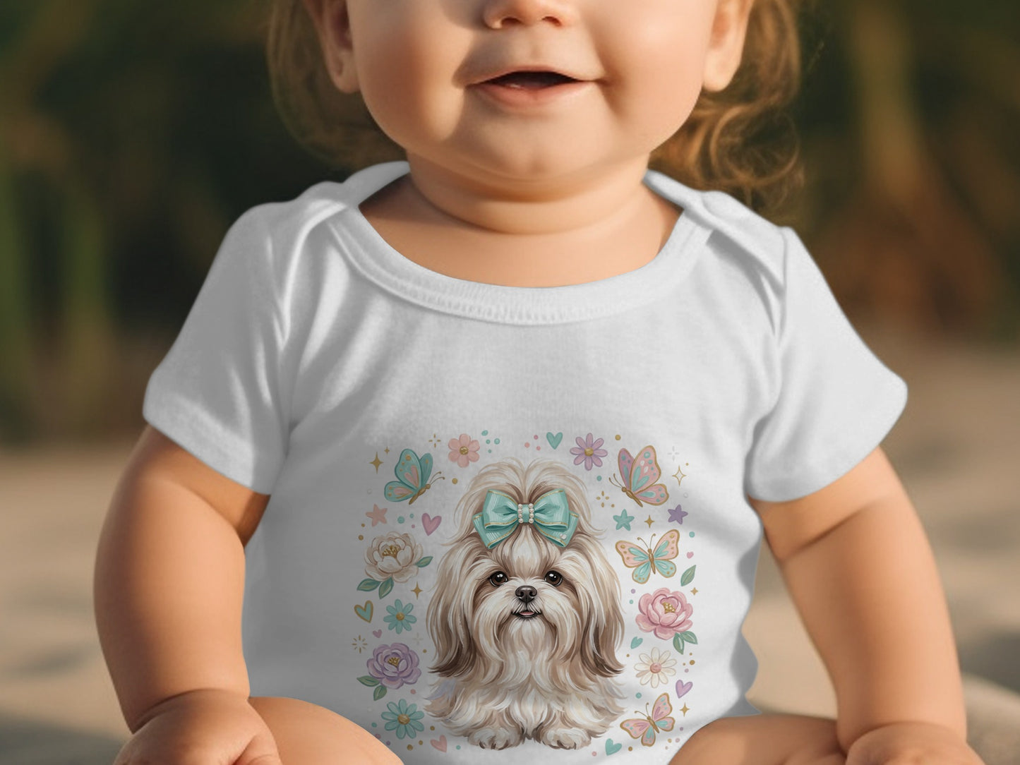 Baby wearing white bodysuit with a Shih Tzu dog and butterfly graphic.