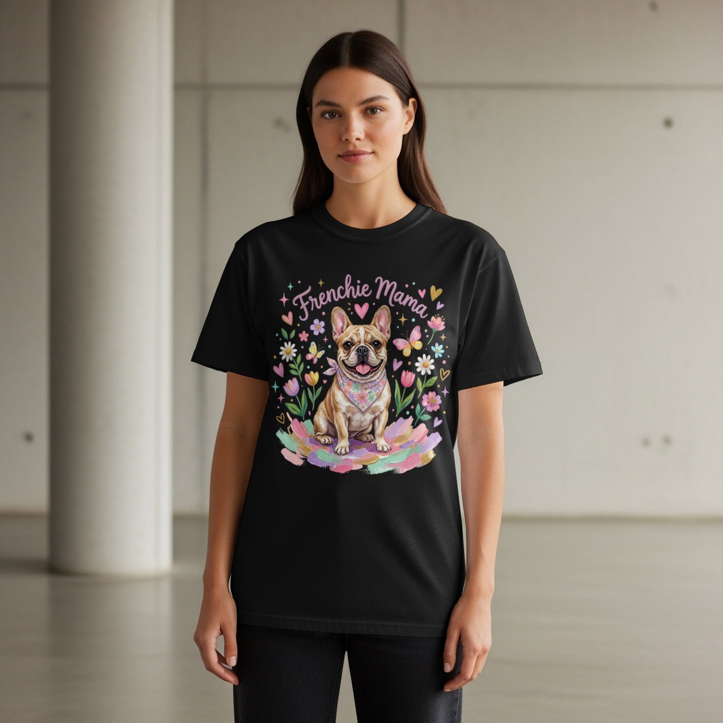 Black t-shirt with "Frenchie Mama" text and a French bulldog surrounded by flowers.